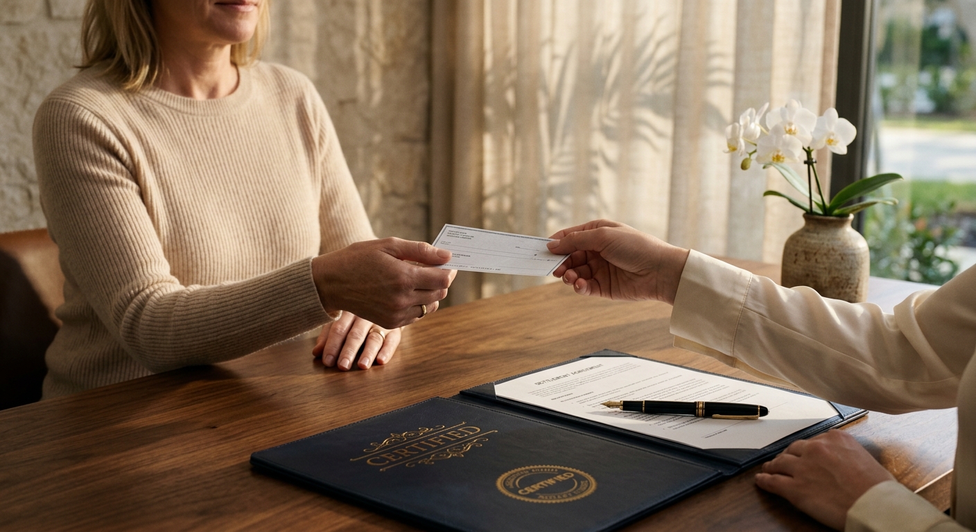 Novatek concierge handing a certified surplus-funds check to a client